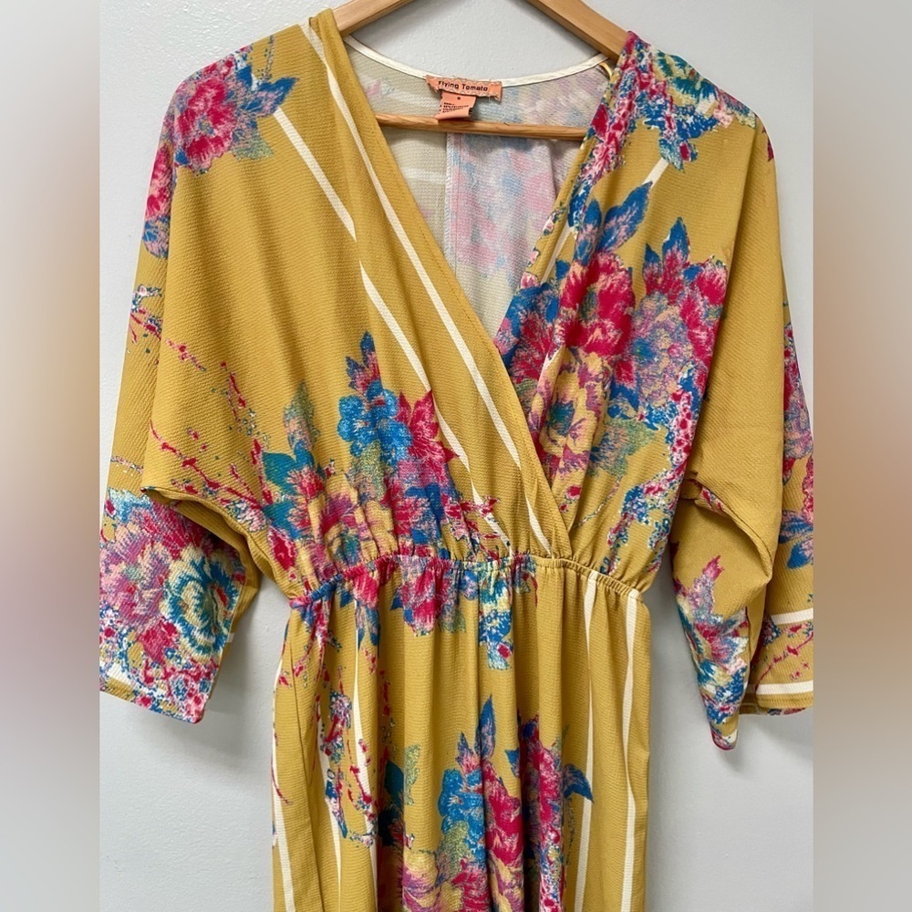 Flying Tomato Mustard Yellow Floral Maxi Romper Jumpsuit Wide Leg Kimono Sleeves - Picture 4 of 8